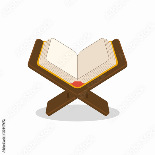 A Flat-Style Open Quran on book stand on a Plain Background