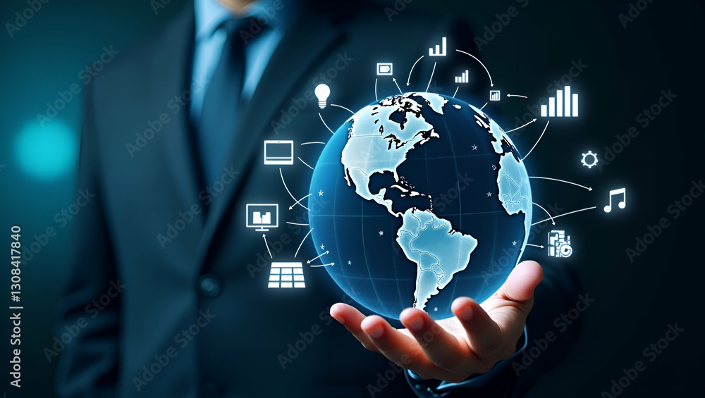Holographic Globe Showcasing Interconnected Business Tools: A Visual Representation of Global Business Strategy and International Collaboration in Stock Photo Holographic Globe Showcasing Interconnected Business Tools: A Visual Representation of Global Business Strategy and International Collaboration in Stock Photo