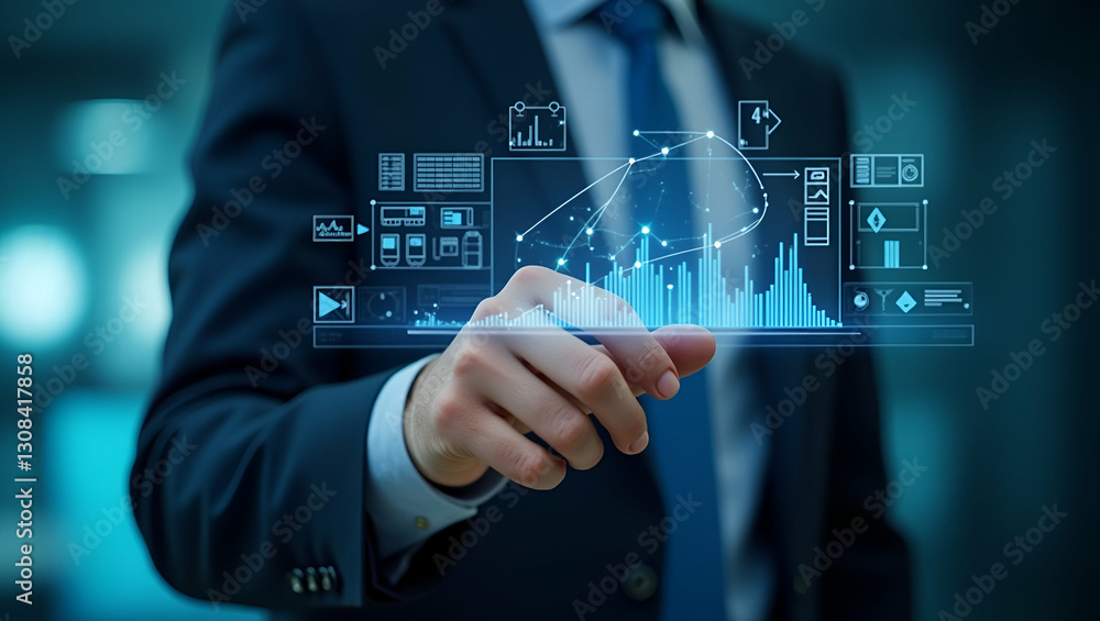 Flat Businessman assessing decision making strategies using a holographic checklist and data validation interface concept as Managing business decisions with advanced holographic checklist tools in S Flat Businessman assessing decision making strategies using a holographic checklist and data validation interface concept as Managing business decisions with advanced holographic checklist tools in S