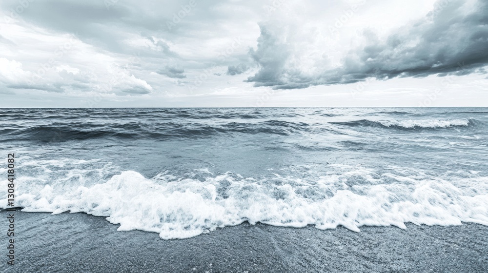 Obraz premium Lonely seashore with gentle waves and overcast sky inviting reflection and tranquility in a serene landscape Generative AI
