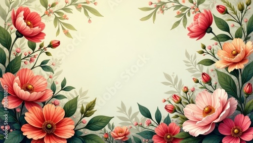 A Delicate Border of Blooming Flowers with Soft Hues and Lush Greenery, Ideal for Elegant Designs and Artistic Expressions