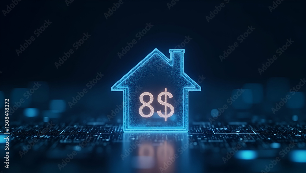 Holographic Interest Rates on House Icon: Digital Mortgage & Real Estate Concept in Stock Photo Holographic Interest Rates on House Icon: Digital Mortgage & Real Estate Concept in Stock Photo