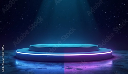 A futuristic 3D podium design, floating with the aid of anti-gravity technology, against a dark, star-filled space background. Neon blue and purple lights accentuate the podium's edges