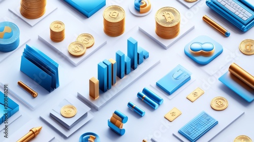 Wallpaper Mural Collection of floating 3D financial icons rendered in metallic blue and gold, including rising bar charts, stacked coins, briefcase, and bulls, soft gradient shadows cast beneath each element, Torontodigital.ca