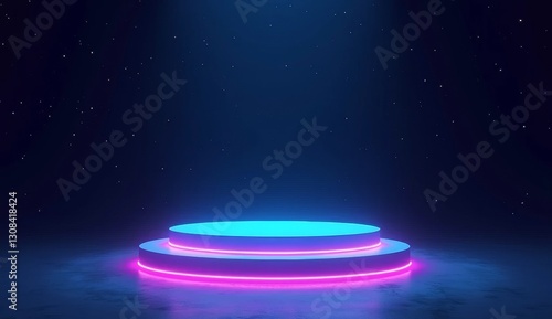 A futuristic 3D podium design, floating with the aid of anti-gravity technology, against a dark, star-filled space background. Neon blue and purple lights accentuate the podium's edges