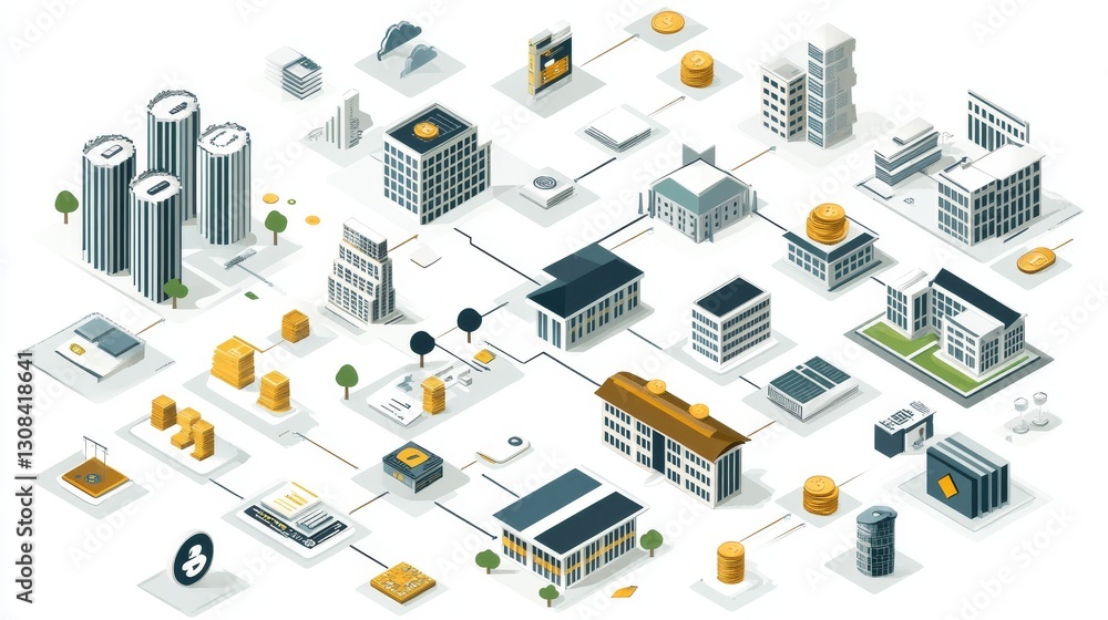 Isometric infographic elements showing business workflow with interconnected 3D icons, including office buildings, data charts, cryptocurrency symbols, and cloud computing icons, professional Isometric infographic elements showing business workflow with interconnected 3D icons, including office buildings, data charts, cryptocurrency symbols, and cloud computing icons, professional