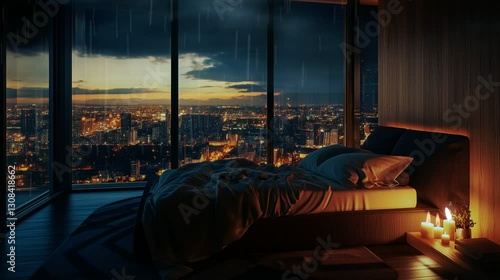 Romantic rainy night in a cozy bedroom overlooking the city skyline., seamless looping 4k time-lapse video animation background 