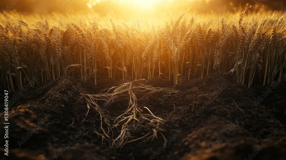 Ground-hugging composition showing textural layers of wheat growth, foreground reveals soil and root structure transitioning to vertical green stalks, cinematic anamorphic lens effect with subtle Ground-hugging composition showing textural layers of wheat growth, foreground reveals soil and root structure transitioning to vertical green stalks, cinematic anamorphic lens effect with subtle
