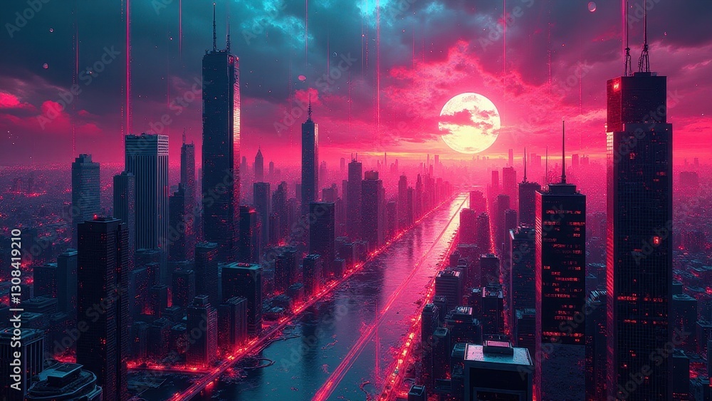 Fototapeta premium Data corruption effects, A vibrant city succumbing to digital decay neon polygons fractured amidst pulsing storms of corrupted data streams.