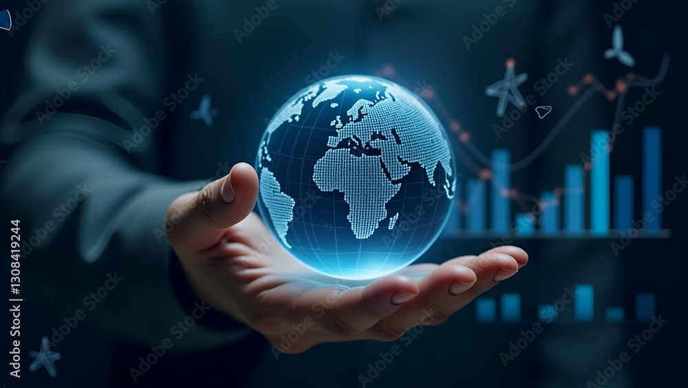 Flat Holographic Globe Illustrating B2B Analytics with Interconnected Business Metrics and Statistics Flat Holographic Globe Illustrating B2B Analytics with Interconnected Business Metrics and Statistics