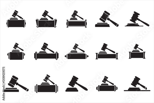 Set of black gavel icons auction, legal judgment, and courtroom symbols a silhouette vector illustrations
