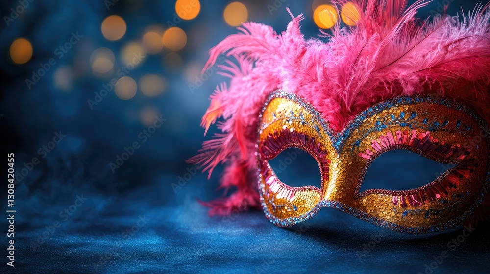 Golden carnival mask with pink feathers, dark blue background, bokeh lights, elegant and festive. Golden carnival mask with pink feathers, dark blue background, bokeh lights, elegant and festive.