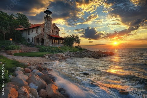 Stone lighthouse on rocky coast at sunset. Perfect for travel, real estate, or coastal themes.