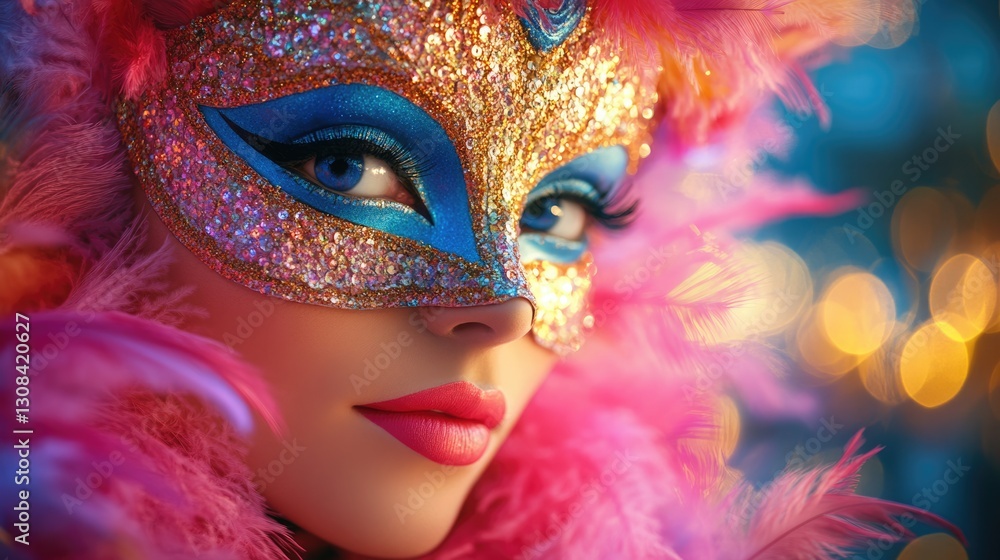 A stunning close-up of a woman wearing an extravagant Venetian mask decorated with feathers and jewels. Ideal for masquerade blogs, costume inspiration, and carnival-themed content. A stunning close-up of a woman wearing an extravagant Venetian mask decorated with feathers and jewels. Ideal for masquerade blogs, costume inspiration, and carnival-themed content.
