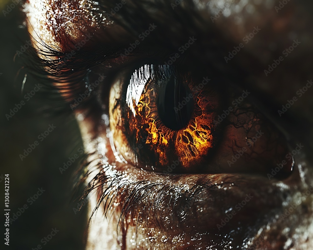 Close-up of a fiery, menacing amber eye. Close-up of a fiery, menacing amber eye.