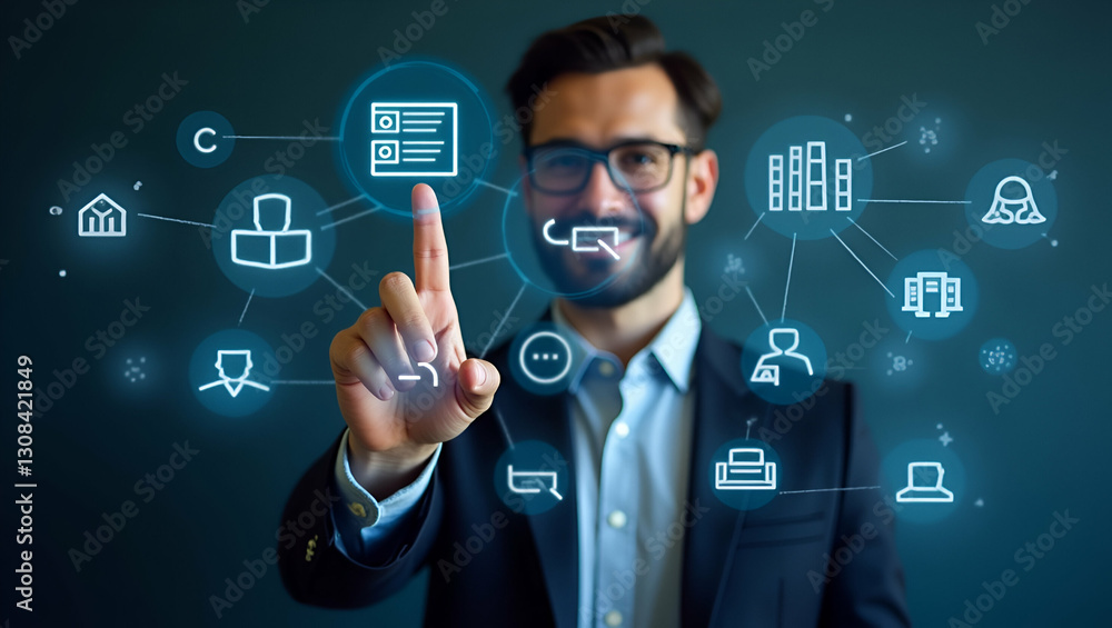 Businessman interacting with virtual chat and feedback interface concept as Exploring futuristic virtual communication and feedback systems in Photo Stock Concept and empty space on the left side Businessman interacting with virtual chat and feedback interface concept as Exploring futuristic virtual communication and feedback systems in Photo Stock Concept and empty space on the left side