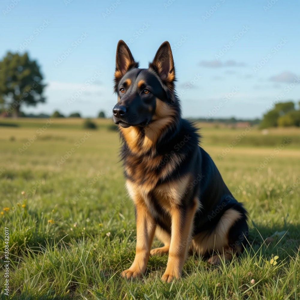 A German Shepherd dog sitting calmly on green grass, showcasing its alert posture and distinctive coat. A German Shepherd dog sitting calmly on green grass, showcasing its alert posture and distinctive coat.