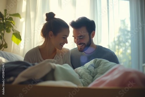 A happy couple snuggles in bed, enjoying a sunny morning together.