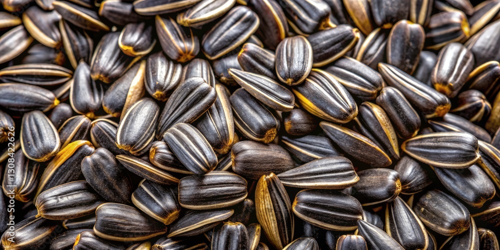 Black Sunflower Seeds Macro Photography: Healthy Food Background, Agriculture Close Up Black Sunflower Seeds Macro Photography: Healthy Food Background, Agriculture Close Up