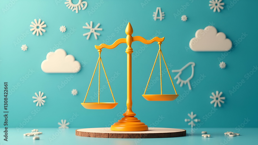 Floating Scales of Justice: A Cute Vector Illustration of Legal Balance with Compliance Icons Floating Scales of Justice: A Cute Vector Illustration of Legal Balance with Compliance Icons