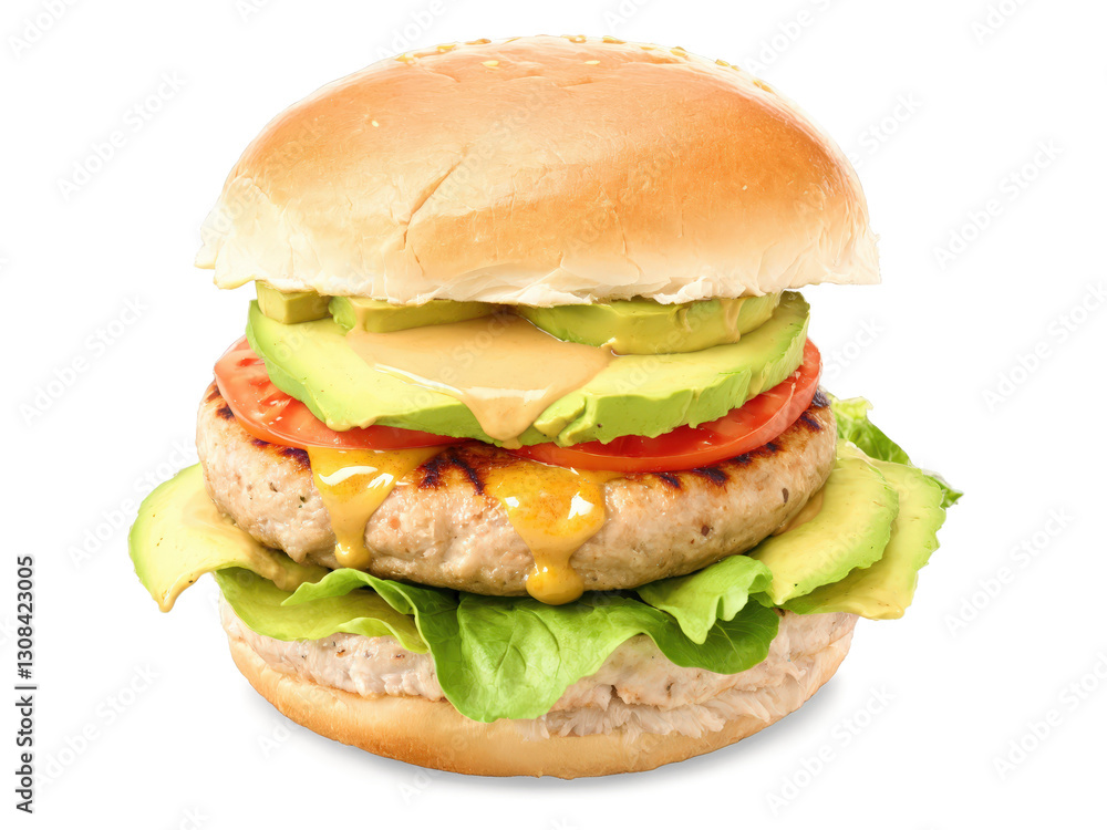 Turkey Burger A lean turkey patty grilled to perfection, topped with fresh avocado, lettuce, tomato, and a honey mustard sauce, Turkey Burger A lean turkey patty grilled to perfection, topped with fresh avocado, lettuce, tomato, and a honey mustard sauce,