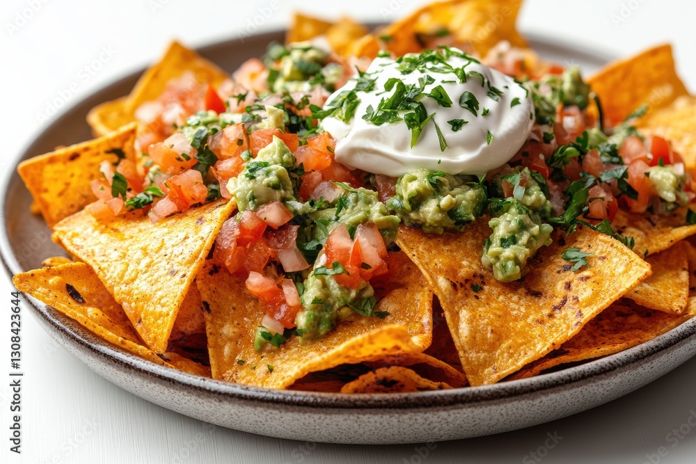 Delicious nachos topped with creamy sour cream, fresh salsa, and guacamole, perfect for sharing at parties or enjoying a cozy night in. Delicious nachos topped with creamy sour cream, fresh salsa, and guacamole, perfect for sharing at parties or enjoying a cozy night in.