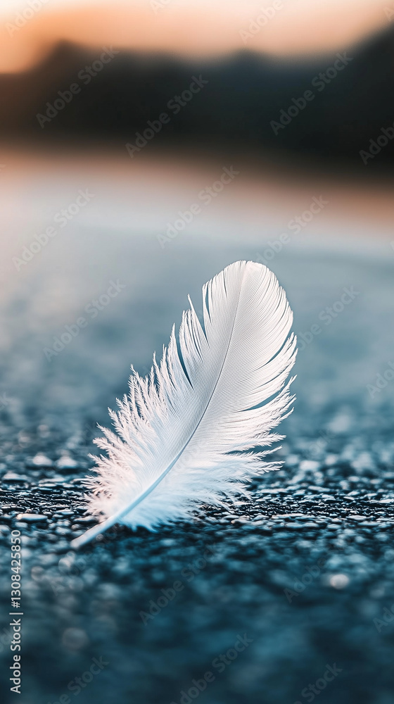 A delicate white feather resting on the ground at sunset. Symbolizing peace, purity, and spirituality. A delicate white feather resting on the ground at sunset. Symbolizing peace, purity, and spirituality.