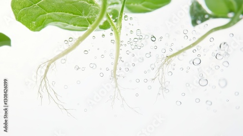 Extreme close-up of cucumber seedling root system suspended in air, soil particles clinging to delicate root hairs, stem transition zone showing vascular tissue development, leaves unfurling in photo