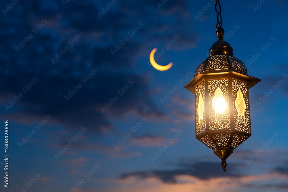 Ornate Lantern Night Sky Crescent Moon Ramadan Eid Celebration Ornate Lantern Night Sky Crescent Moon Ramadan Eid Celebration