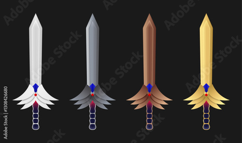 Hero sword set, gold and bronze or silver color with fantastic abstract wings on heroic theme. Game swords icon