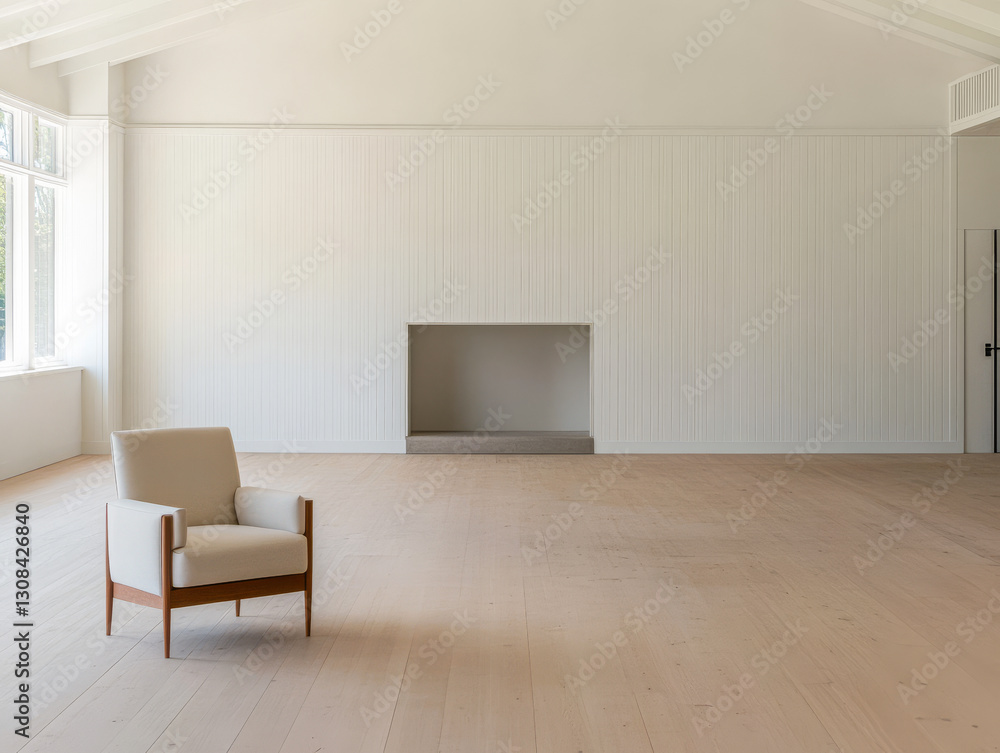 Fototapeta premium Minimalist interior with simple chair and empty room featuring natural light