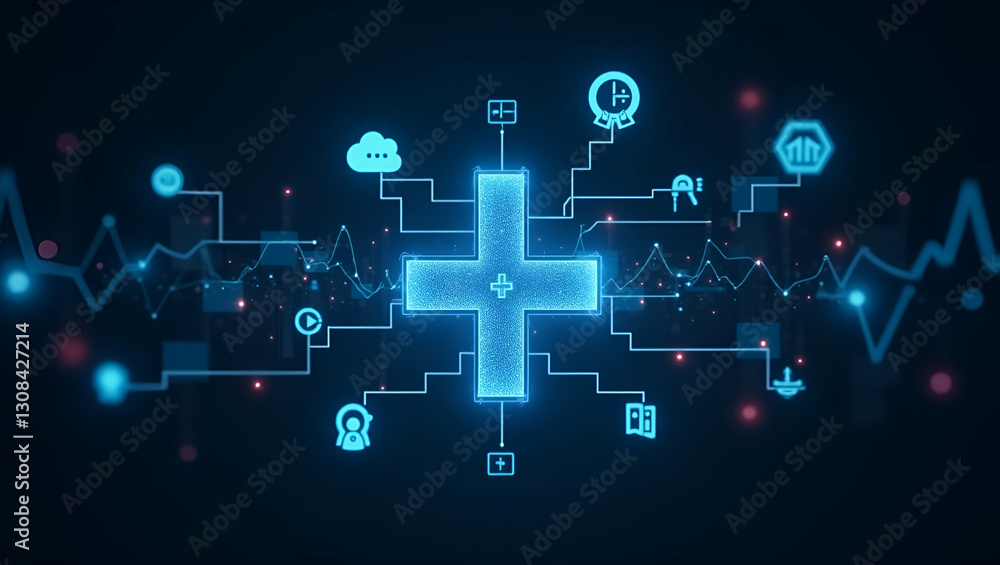 Digital Health Interface: Holographic Cross & Health Icons Concept Digital Health Interface: Holographic Cross & Health Icons Concept