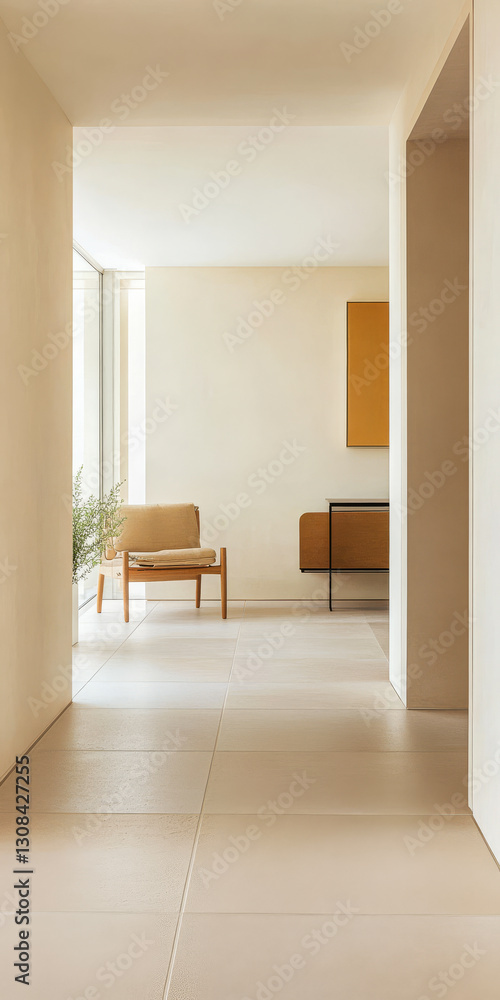 Fototapeta premium Modern interior design featuring minimalistic hallway with natural light and simple furniture
