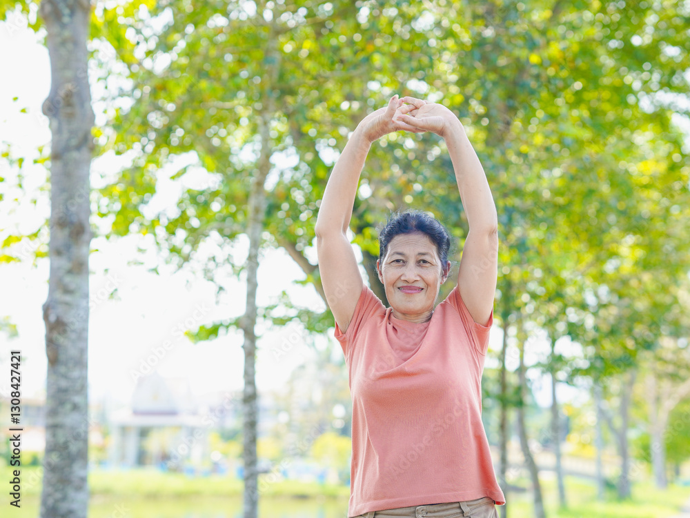 Lifestyle health care. Senior woman exercise at park in vacation. people healthy workout outdoor for muscle strong. Elderly wellness and feeling vitality, self care. Warm up yoga before exercise Lifestyle health care. Senior woman exercise at park in vacation. people healthy workout outdoor for muscle strong. Elderly wellness and feeling vitality, self care. Warm up yoga before exercise