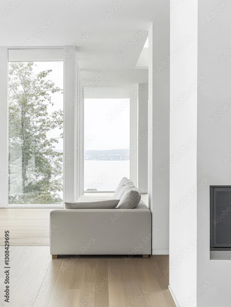 Modern living space with view of nature in bright and airy interior Modern living space with view of nature in bright and airy interior