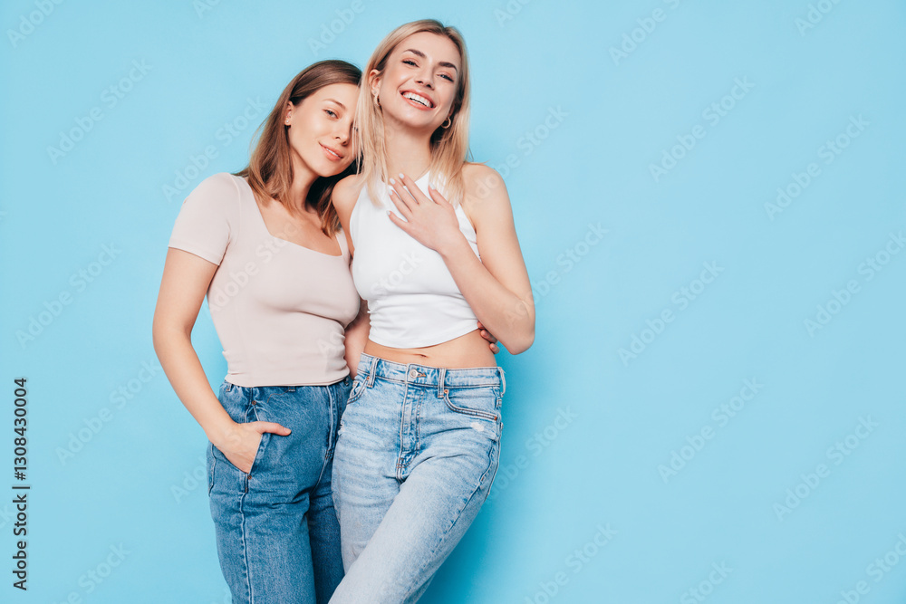 Two young beautiful smiling brunette and blond hipster female in trendy summer clothes. Lovely women posing on blue background in studio. Positive models having fun. Cheerful and happy. isolated Two young beautiful smiling brunette and blond hipster female in trendy summer clothes. Lovely women posing on blue background in studio. Positive models having fun. Cheerful and happy. isolated