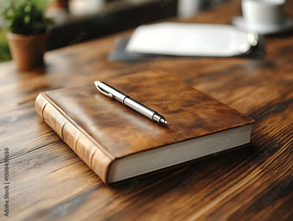 Leather Journal on Wooden Desk Leather Journal on Wooden Desk