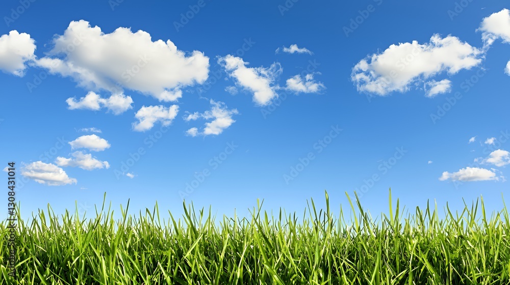 Vibrant Green Grass Field Under a Blue Sky with Fluffy White Clouds Vibrant Green Grass Field Under a Blue Sky with Fluffy White Clouds