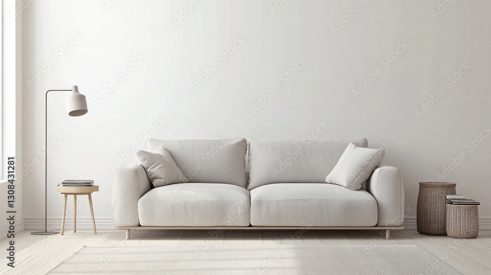 Minimalist living room interior with a light beige sofa, wooden side table, and floor lamp. Minimalist living room interior with a light beige sofa, wooden side table, and floor lamp.