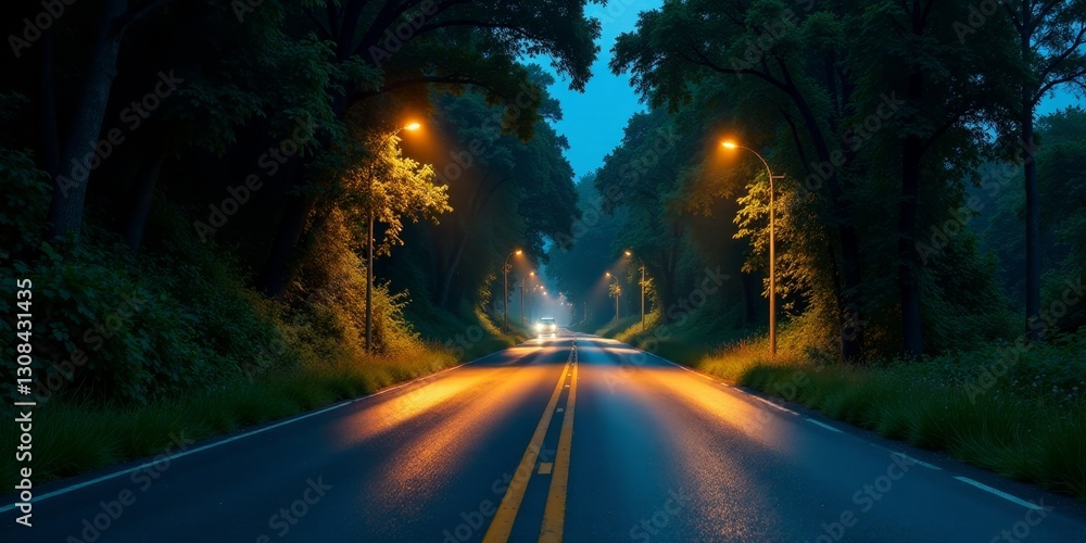 Fototapeta premium Nighttime Drive Through a Serene, Tree-Lined Road Illuminated by Soft Lamplight