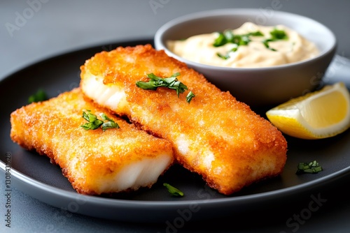 Breaded fried fish fillets served with dipping sauce and lemon