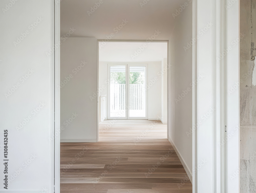 Fototapeta premium Empty modern interior with wooden floors and large windows showcasing natural light