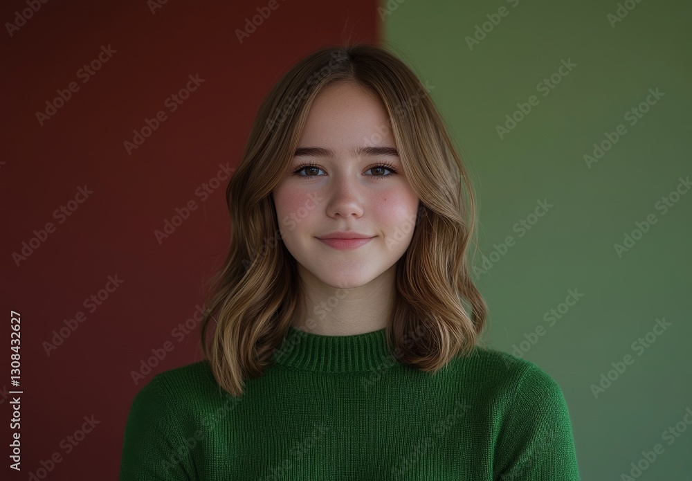 Fototapeta premium A stunning woman with a smile and her hand on her chin gazes at the camera, set against a red backdrop