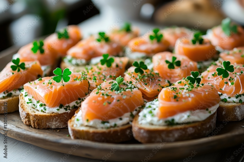 Catering service preparing canapes with smoked salmon, cream cheese and shamrock for Saint Patrick's Day Catering service preparing canapes with smoked salmon, cream cheese and shamrock for Saint Patrick's Day