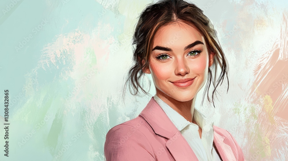 Fototapeta premium A digital painting of a smiling young woman with green eyes, wearing a pink blazer and white shirt.