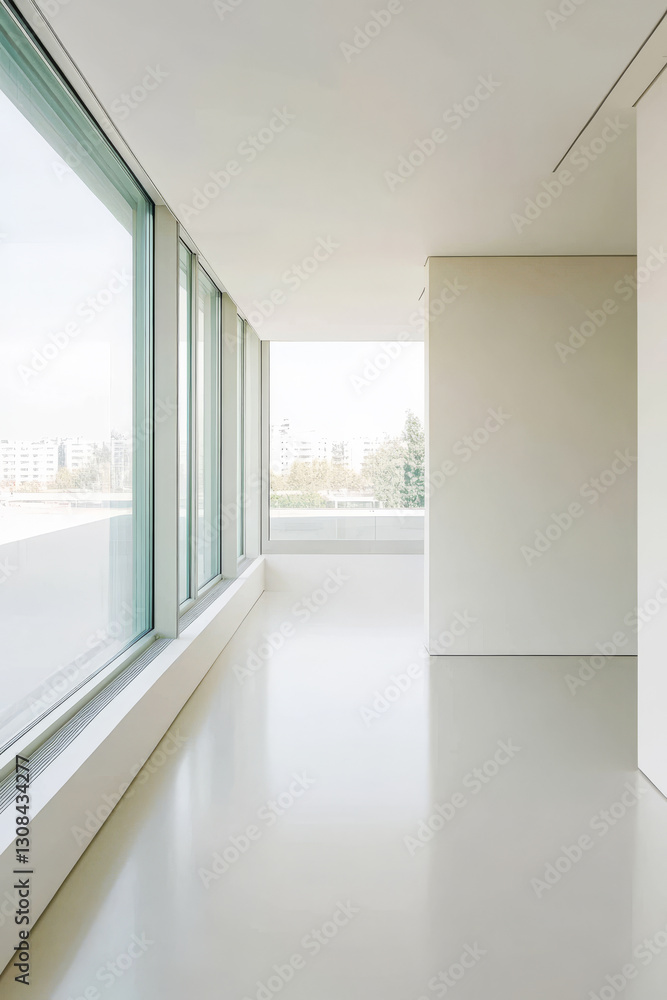 Fototapeta premium Modern interior design showcasing a bright and spacious corridor with large windows