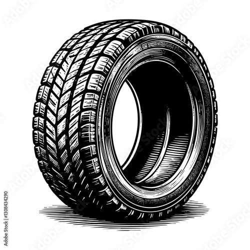Car tire sketch engraving black and white outline. Scratch board imitation.
