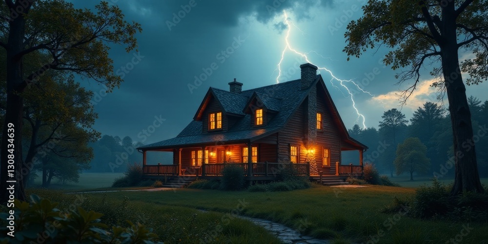 A rustic log cabin glows warmly amidst a stormy night, lightning illuminating the surrounding tranquil woodland.