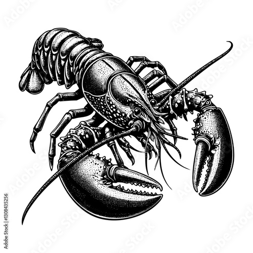 Lobster engraving black and white outline. Scratch board imitation. illustrated in vintage line art style on a white background.

