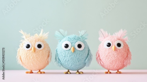 Trio of pastel-colored fluffy birds with big eyes on light background. Easter, Pascha, Paskha, Ostern, Pascua, Paques - Orthodox and Catholic Holiday celebration